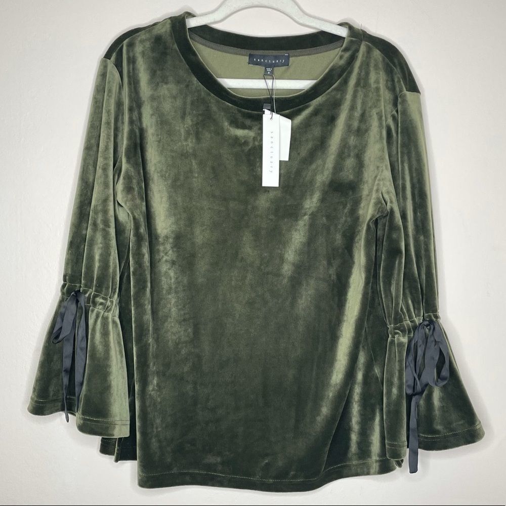 Sanctuary Tierney Green velour bell sleeves blouse top‎